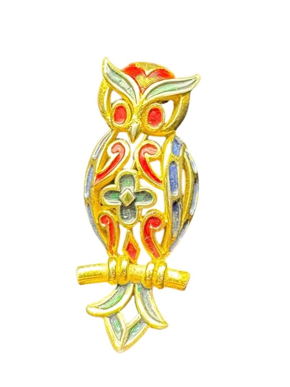 Crown Trifari L'Orient Gold-Tone Owl Brooch Red, Green & Blue Enamel Accents